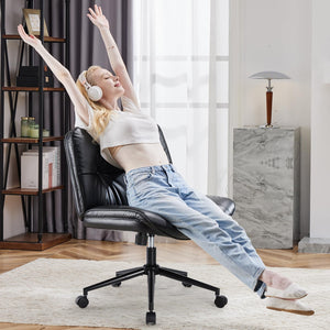 Criss Cross Chair with Wheels Armless Wide Cross Legged Vanity Office Desk Chair with Comfy PU Leather& Back - Swivel for Home Office Bedroom, Black