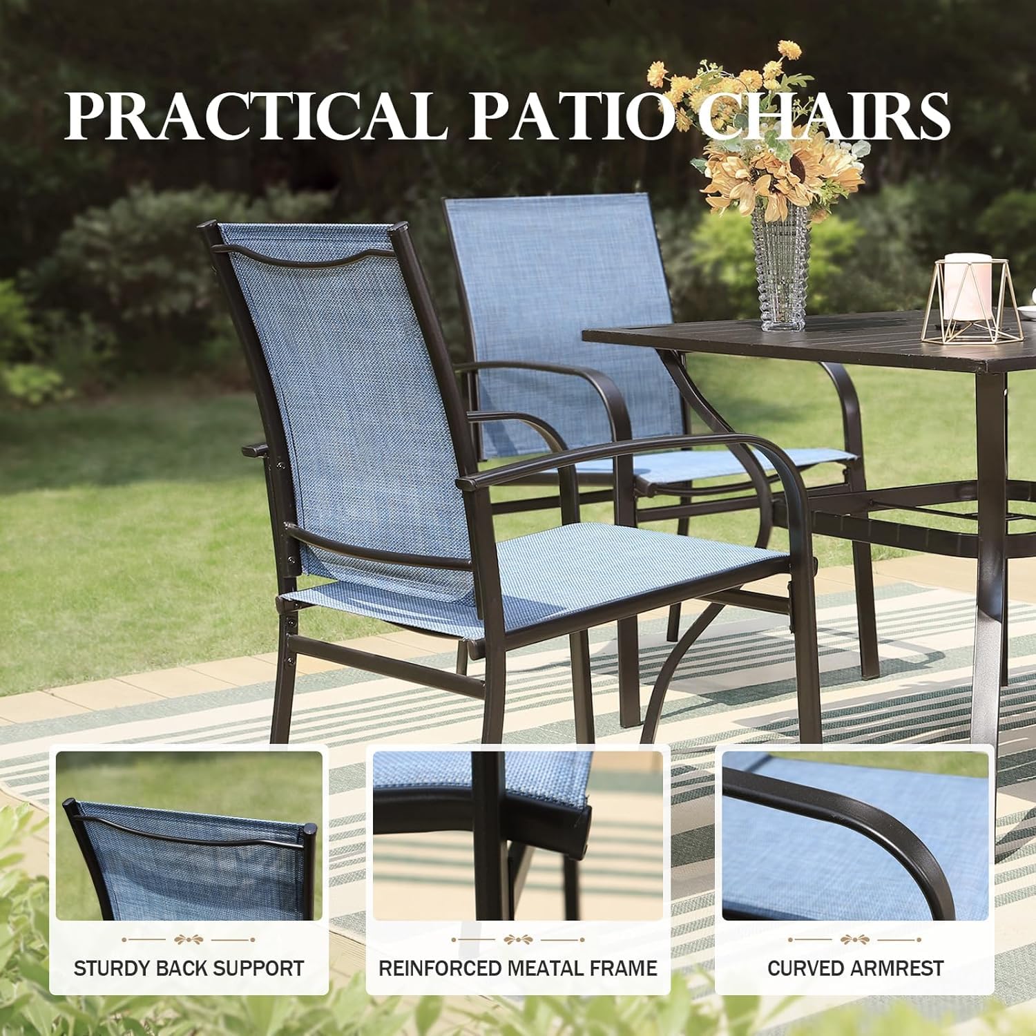 Outdoor Dining Set, Rectangle Metal Table with Double Umbrella Hole and 6 Armrest Chairs, Patio Table and Chairs for Backyard Garden Porch Deck (Blue)