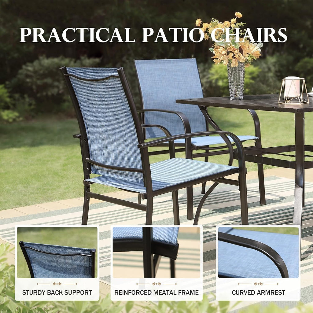 Outdoor Dining Set, Rectangle Metal Table with Double Umbrella Hole and 6 Armrest Chairs, Patio Table and Chairs for Backyard Garden Porch Deck (Blue)
