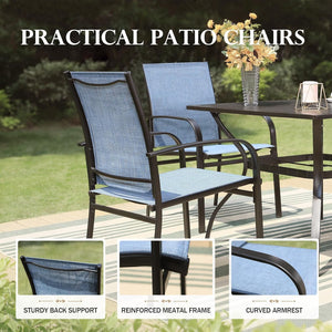 Outdoor Dining Set, Rectangle Metal Table with Double Umbrella Hole and 6 Armrest Chairs, Patio Table and Chairs for Backyard Garden Porch Deck (Blue)