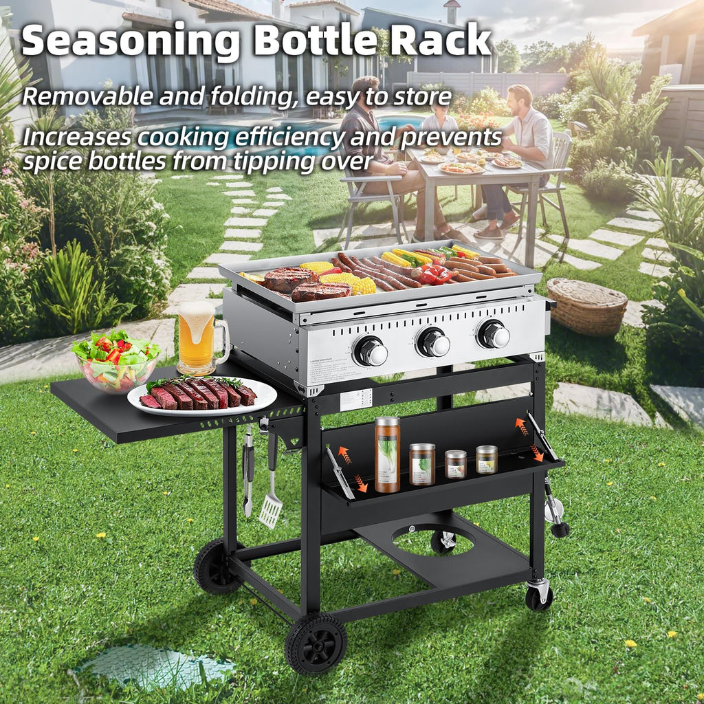 3 Burner 30000 BTU Outdoor Gas Griddle with Lid (Side Shelf), Portable Flat Top Griddle 28 Inch Heavy- Duty Cast lron Grill, Bottle Rack & Grease Pan for Camping, Picnic, Patio