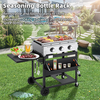 3 Burner 30000 BTU Outdoor Gas Griddle with Lid (Side Shelf), Portable Flat Top Griddle 28 Inch Heavy- Duty Cast lron Grill, Bottle Rack & Grease Pan for Camping, Picnic, Patio