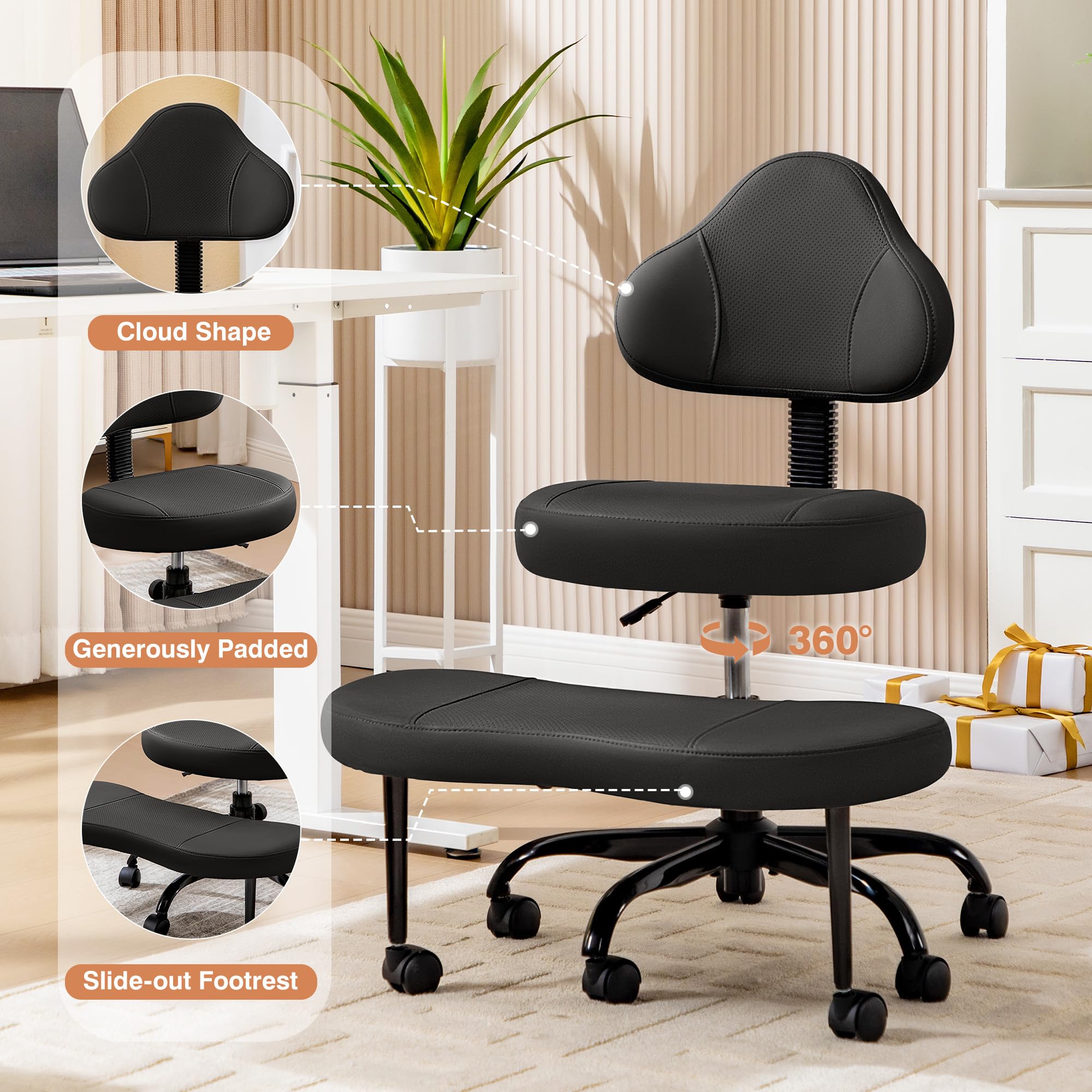 Cross Legged Office Chair, Criss Cross Desk Chair ADHD Meditation Kneeling Yoga Seat with Adjustable Height, Lumbar Support, Wider Footrest and Wheels (Black)
