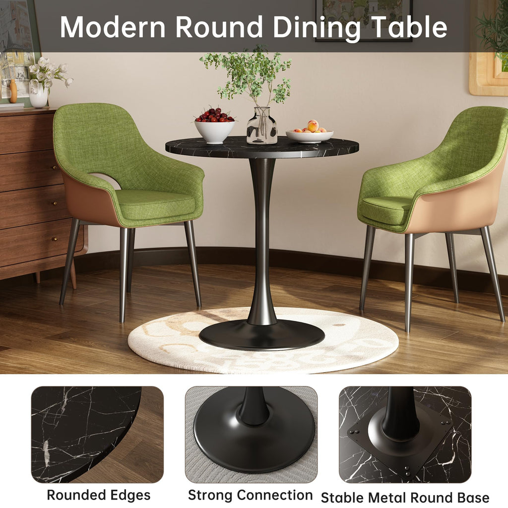 Black Marble Round Dining Table 24" Circle Tulip Table with Thickened Tabletop & Sturdy Metal Pedestal Mid Century Modern Leisure Bistro Kitchen Tables 2 People Small Places Living Room Cafe