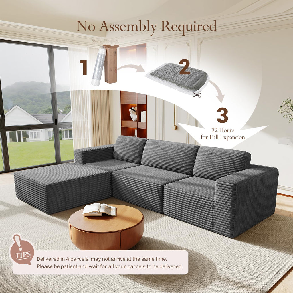 119" L-Shaped Modular Sectional Sofa, Corduroy Cloud Couch with Deep Seating & Spring Support, Flexible Layout Sofa with Ottoman, Boneless Style, No Assembly Required, Grey
