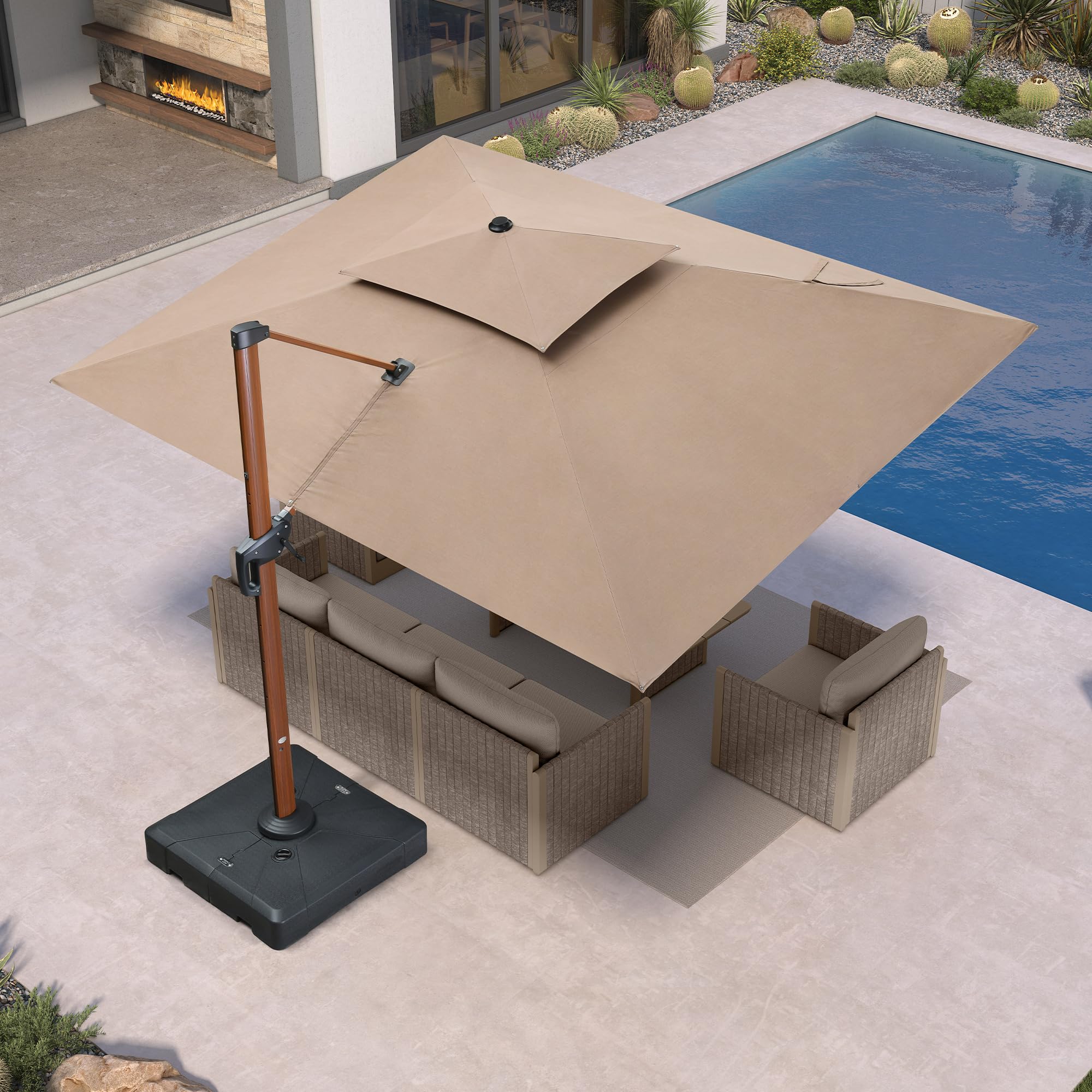 9' X 12' Patio Large Cantilever Umbrella Outdoor Round Wood Umbrellas Offset Umbrella Heavy Duty Sun Umbrellas for Garden Deck Pool, Deep Beige