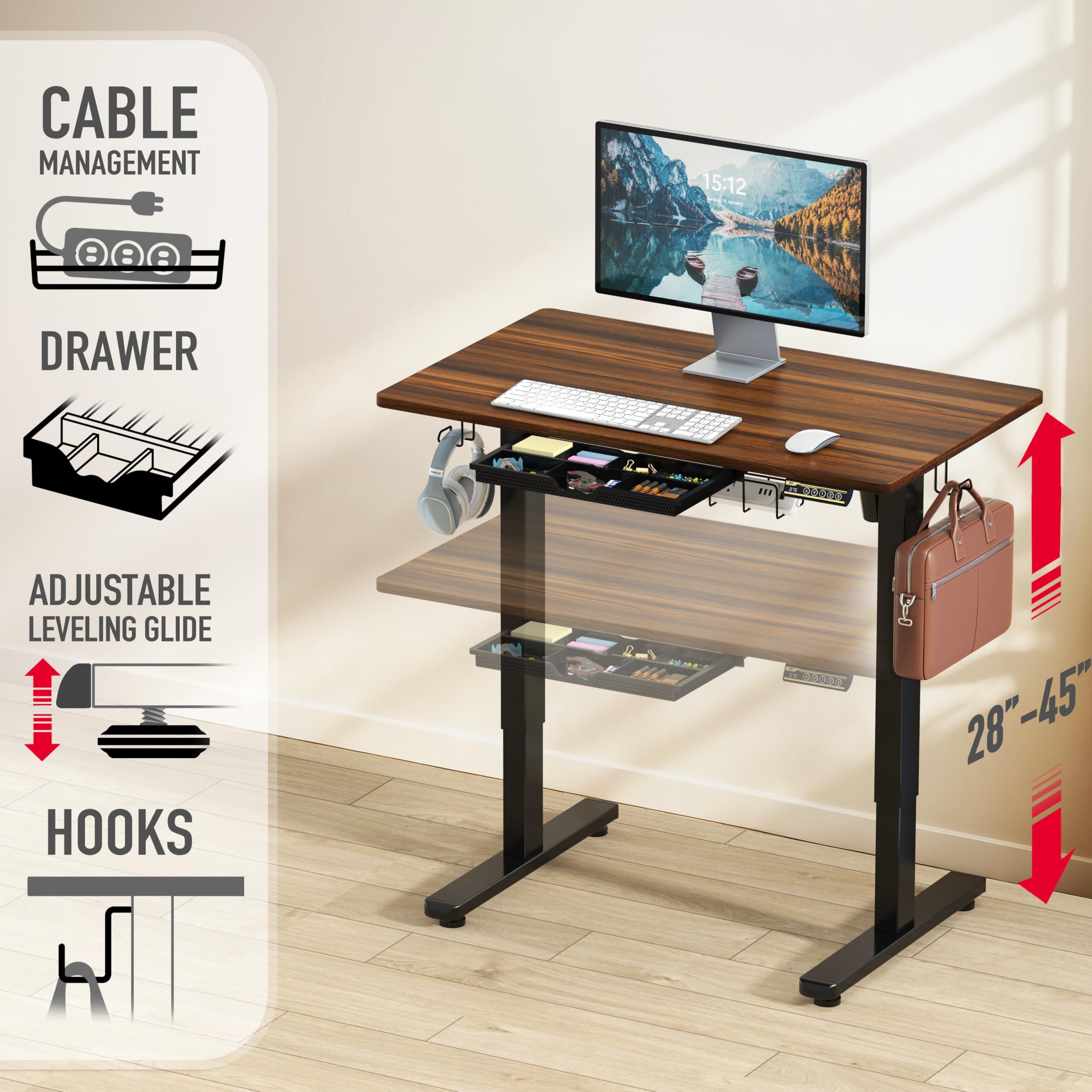 40-Inch Electric Height Adjustable Standing Desk with Drawer, Memory Preset and Cable Management Tray, Walnut