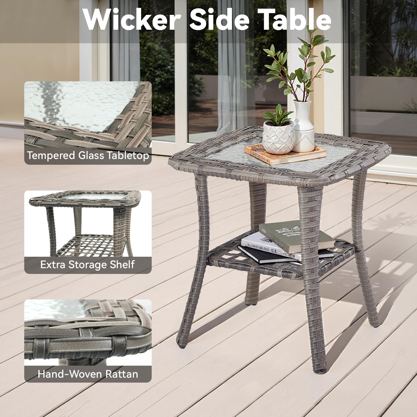 3 Pieces Patio Furniture Sets-Outdoor PE Rattan Wicker Chairs with Thickened Cushion and Glass Coffee Table,All Weather Patio Conversation Set for Garden Backyard Porch Deck Grey/Blue