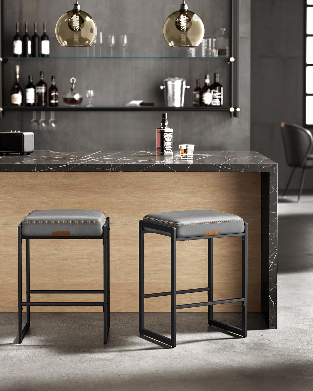 Bar Stools Set of 2, Counter Height Bar Stools, Synthetic Leather with Stitching, Mid-Century Modern Counter Stools, 26-Inch Tall, Kichen Home Bar Dining Room, Dove Gray