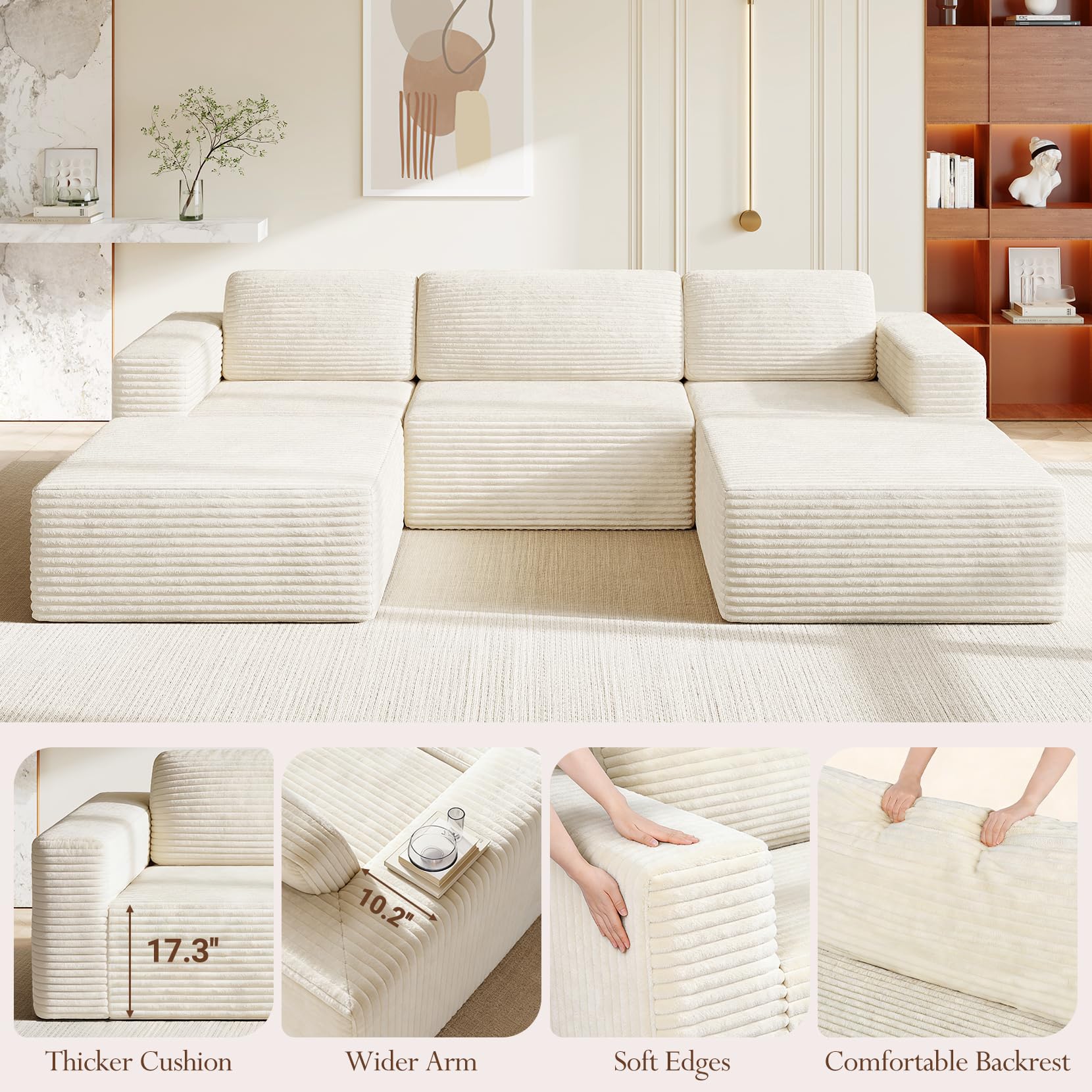 119" Oversized U-Shaped Modular Sectional Sofa, Corduroy Cloud Couch with Deep Seating & Spring Support, Convertible Sofa with 2 Ottomans, Boneless Couch, No Assembly Required, Beige