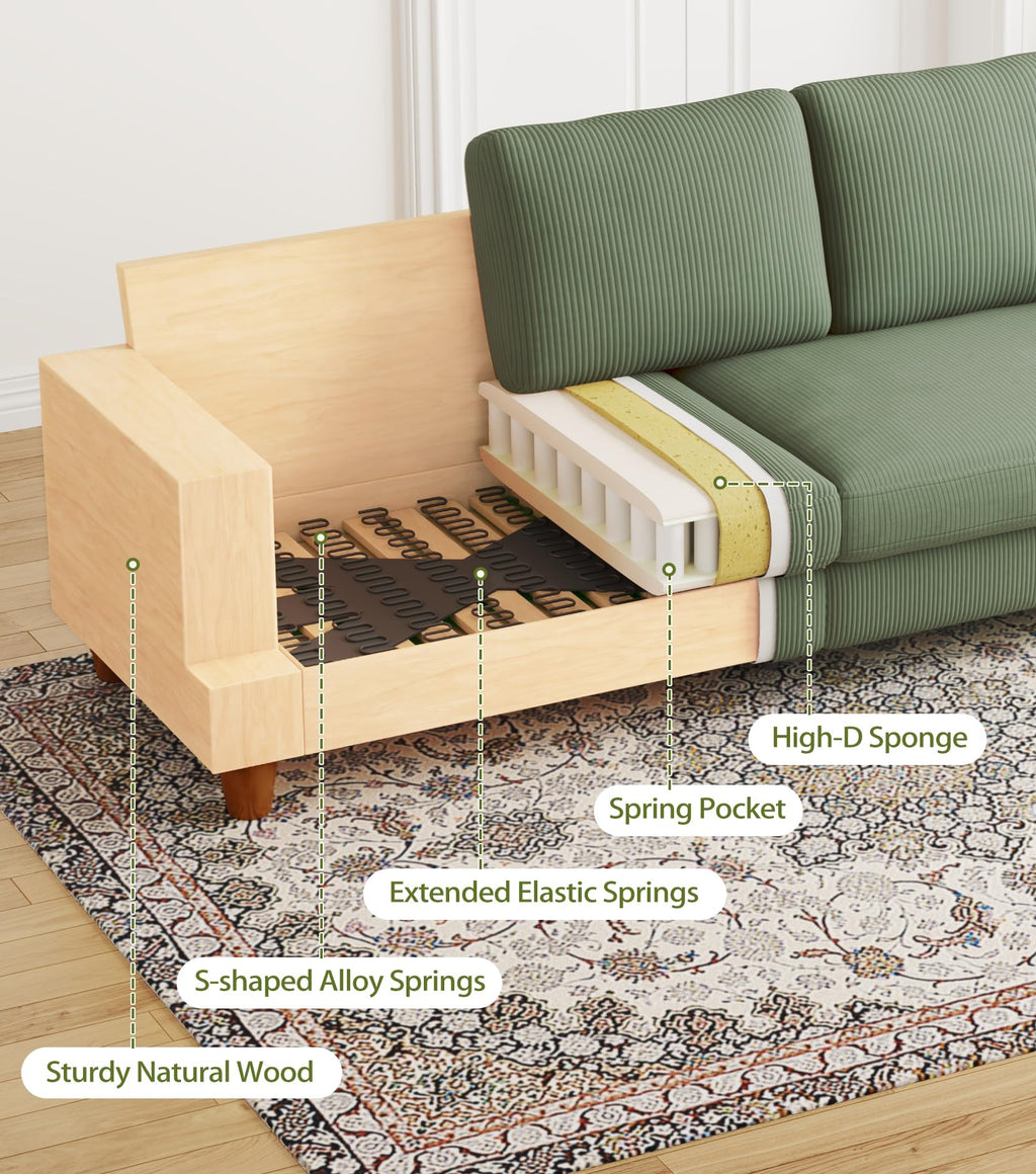 87in Corduroy Couch, Kidirect Sofa No Tool Assembly, Comfy Couches for Living Room 21in Deeper Seats, Corduroy Sofas for Living Room with 2 Pillows, Oversized Loveseat Sofa, Boho Love Seat Olive Couch