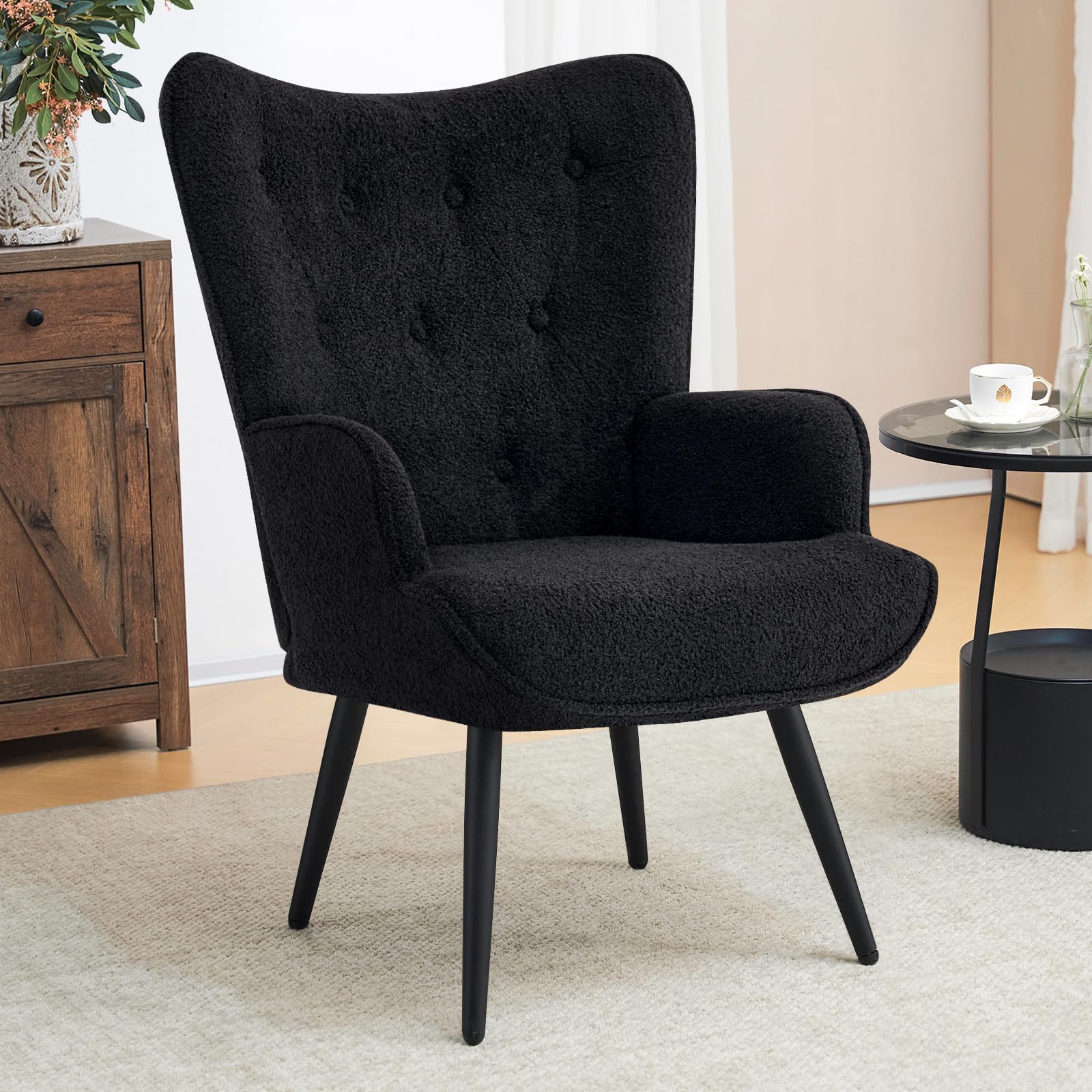Boucle Accent Chair for Living Room, Upholstered Reading Chair with High Backrest, Tufted-Button Wingback Armchair for Bedroom, Dressing Room, Home Office, Black