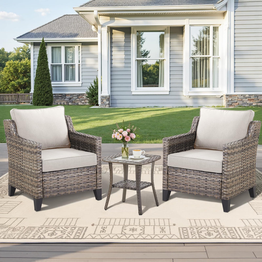 3 Pieces Patio Furniture Sets-Outdoor PE Rattan Wicker Chairs with Thickened Cushion and Glass Coffee Table,All Weather Patio Conversation Set for Garden Backyard Porch Deck Grey/Beige