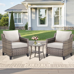 3 Pieces Patio Furniture Sets-Outdoor PE Rattan Wicker Chairs with Thickened Cushion and Glass Coffee Table,All Weather Patio Conversation Set for Garden Backyard Porch Deck Grey/Beige