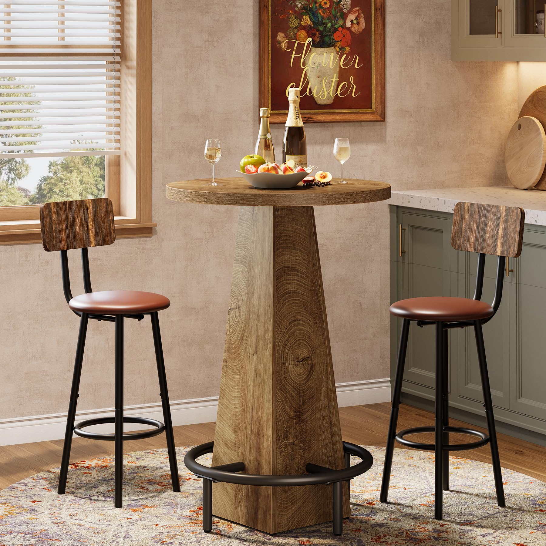 Bar Table Set of 2, 37.4" High Round Pub Table for Small Bars, Dining Room, Kitchen, Wood Color (Only Table)
