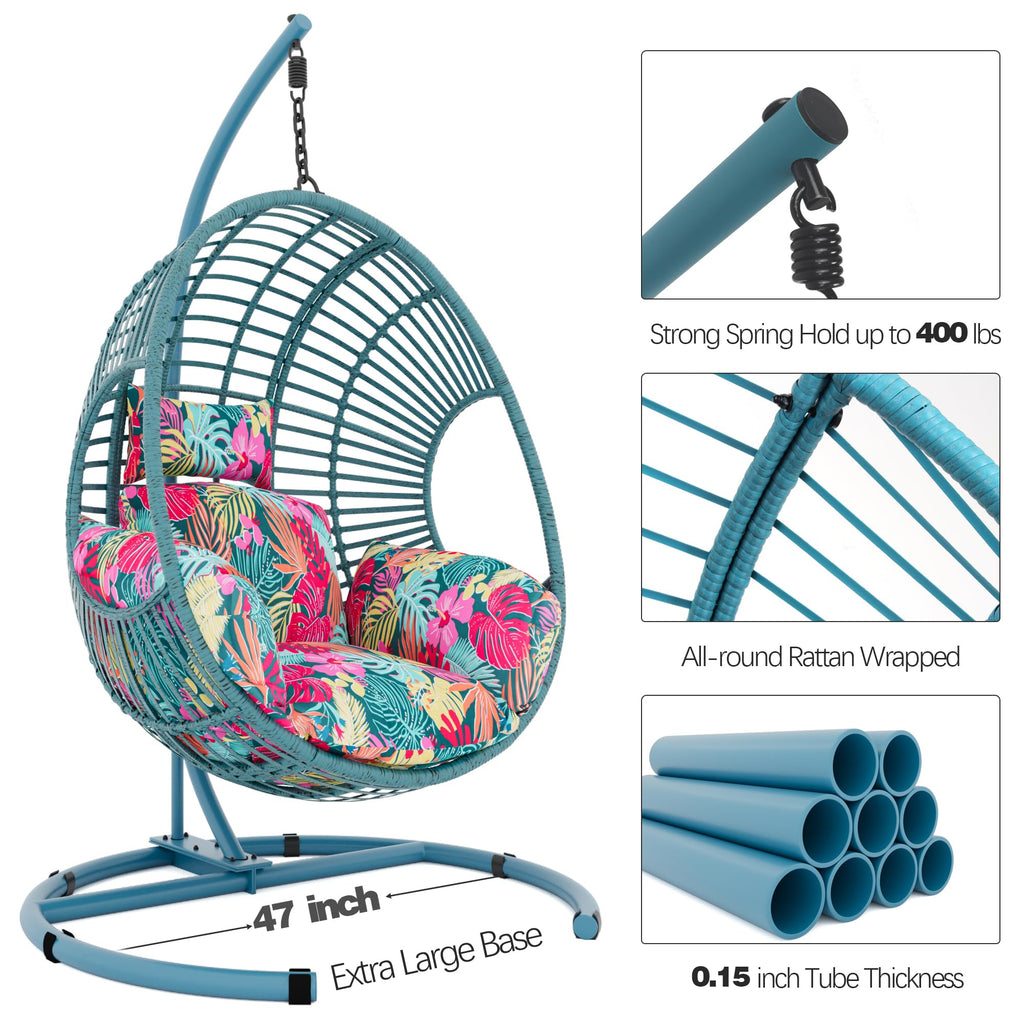 Oversized Hanging Egg Chair Outdoor Indoor, Wicker Swing Egg Chair with Stand 400lbs Capacity for Bedroom, Patio, Garden and Balcony (Hawaii Blue-Regular, Oversize)