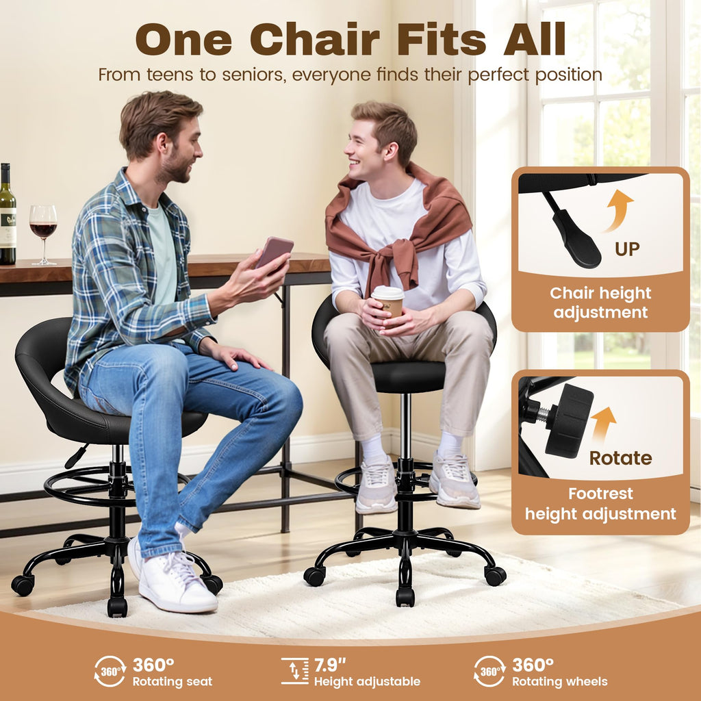 Black 4 Pack, Office Drafting Chair - Bar Stools with Back Support, Adjustable Foot Rest and Wheels, Shop Rolling Swivel Chair for Standing Desk Counter Kitchen Salon Home Vanity