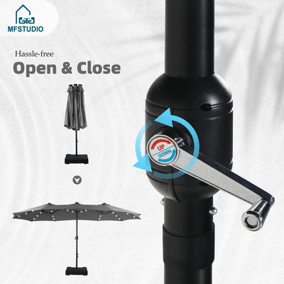 15ft Double Sided Patio Umbrella with Solar Lights, Outdoor Large Umbrellas with Crank Handle and 36 LED Lights, Rectangular Market Umbrella with Base Included for Deck Pool Shade, Smoky Gray