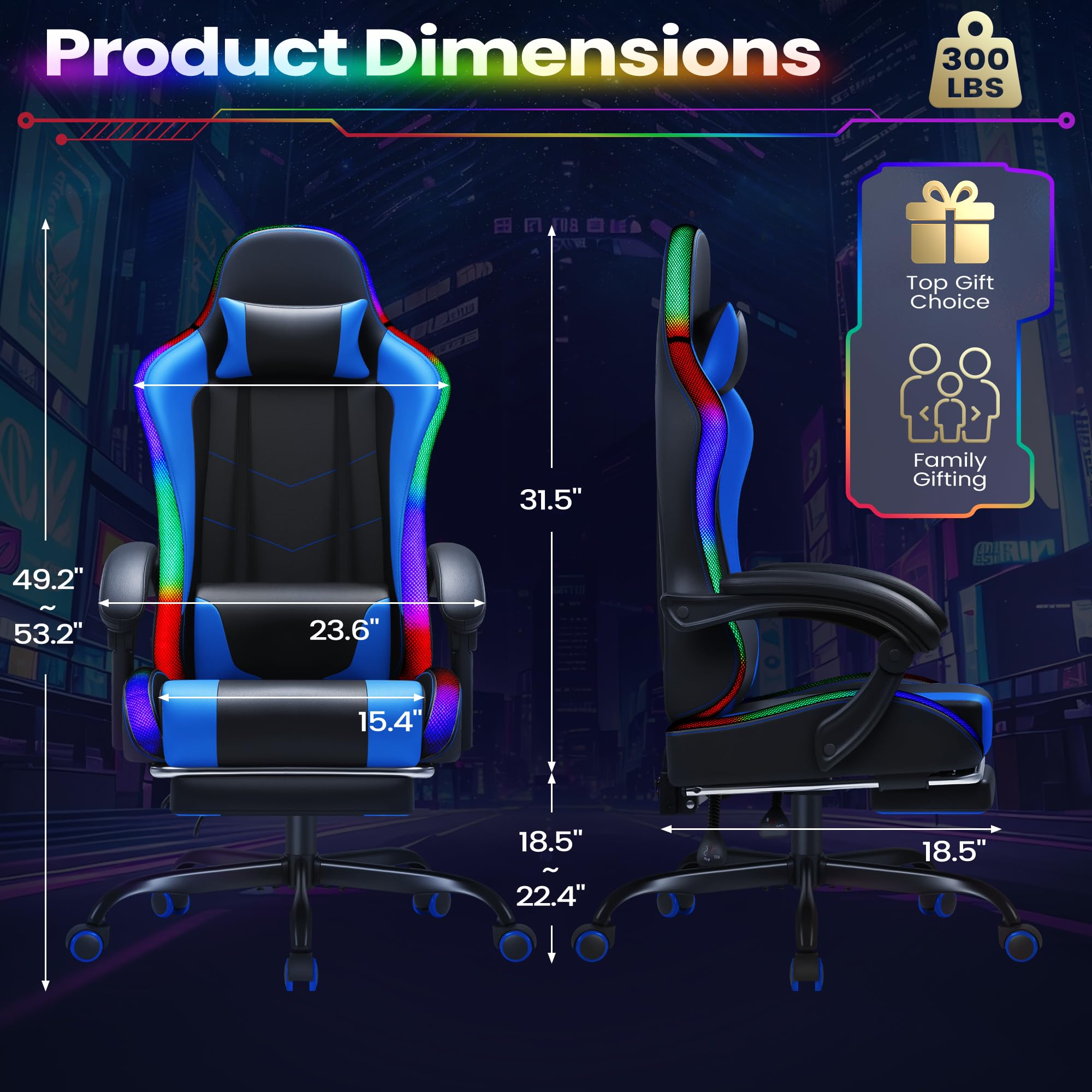 Gaming Chair, Video Game Chair with Footrest and Massage Lumbar Support, Ergonomic Computer Chair Height Adjustable with Swivel Seat and Headrest (RGB Blue)