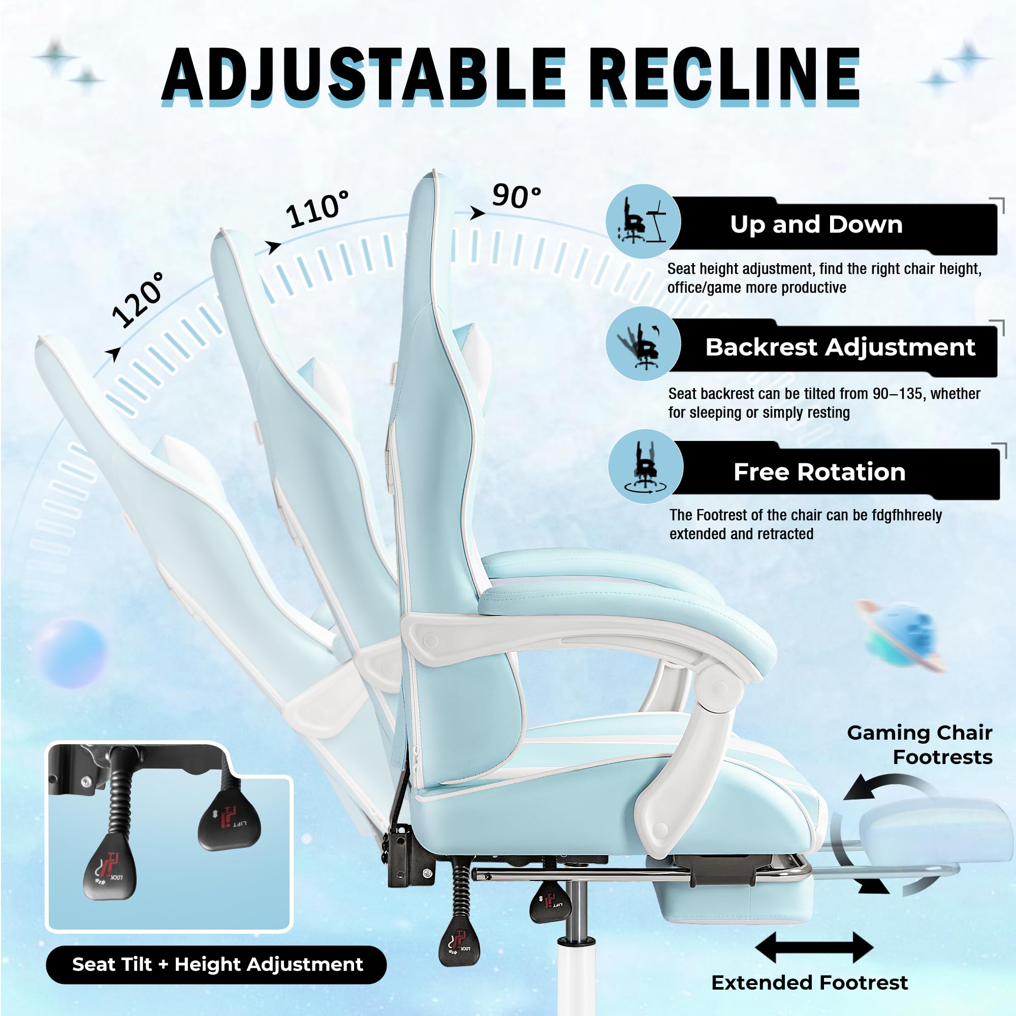 Gaming Chair, Video Game Chair with Footrest and Massage Lumbar Support, Ergonomic Computer Chair Height Adjustable with Swivel Seat and Headrest (Light Blue)