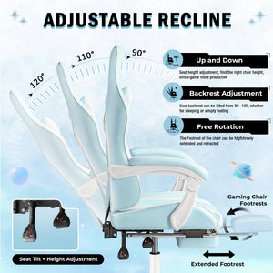 Gaming Chair, Video Game Chair with Footrest and Massage Lumbar Support, Ergonomic Computer Chair Height Adjustable with Swivel Seat and Headrest (Light Blue)