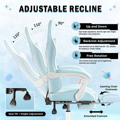 Gaming Chair, Video Game Chair with Footrest and Massage Lumbar Support, Ergonomic Computer Chair Height Adjustable with Swivel Seat and Headrest (Light Blue)