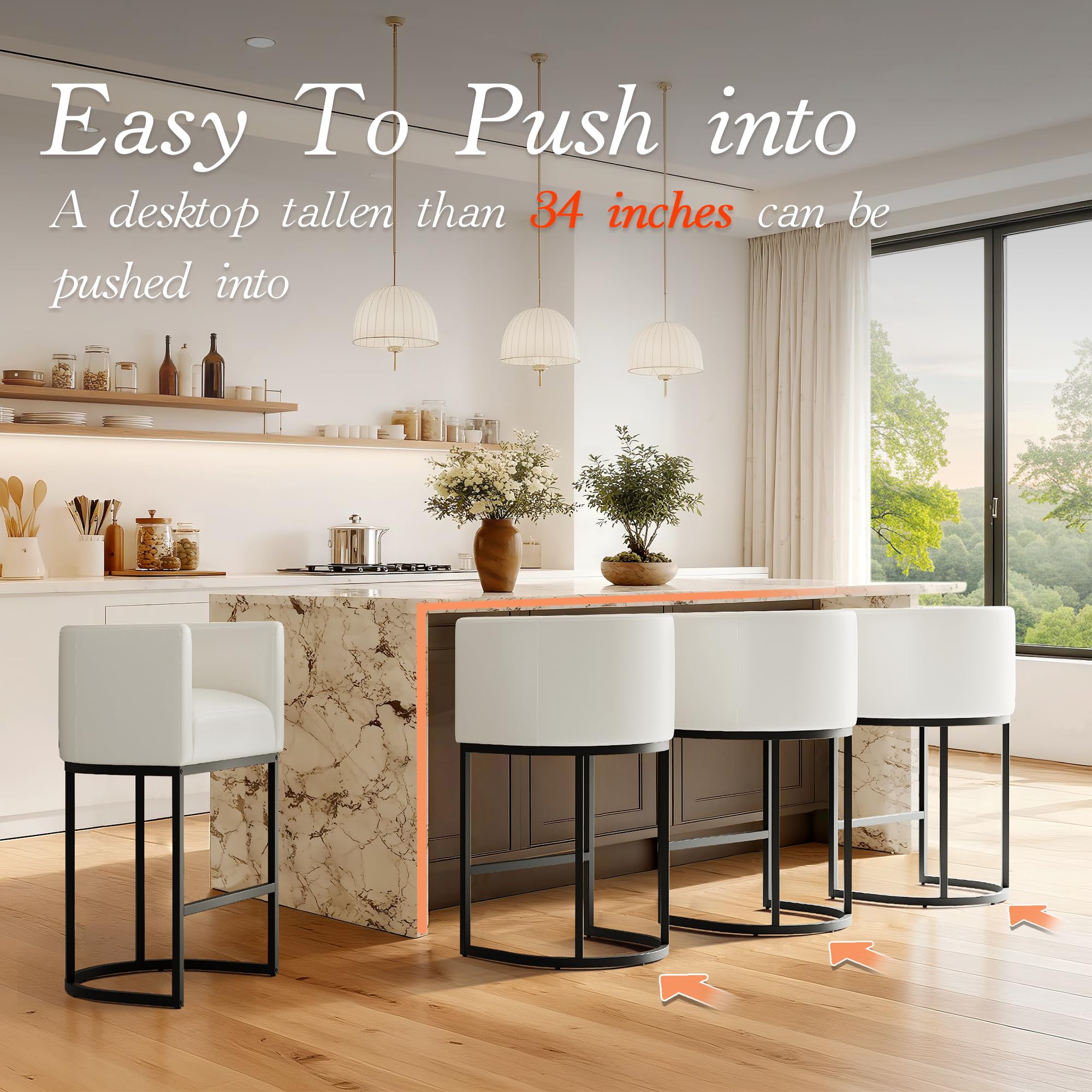 Modern Counter Height Bar Stools,Bar Stools Set of 3,PU Leather Upholstered Barrel Barstools with Backs,26'' Kitchen Island Chairs,Metal Black Frames,Beige White Leather