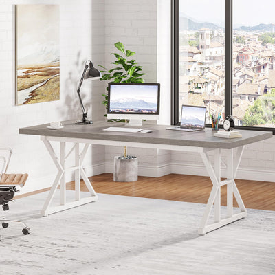70.8-Inch Executive Desk, Large Computer Office Desk Workstation, Modern Simple Style Laptop Desk Study Writing Table Business Furniture for Home Office (Grey/White, 70.8 Inch)