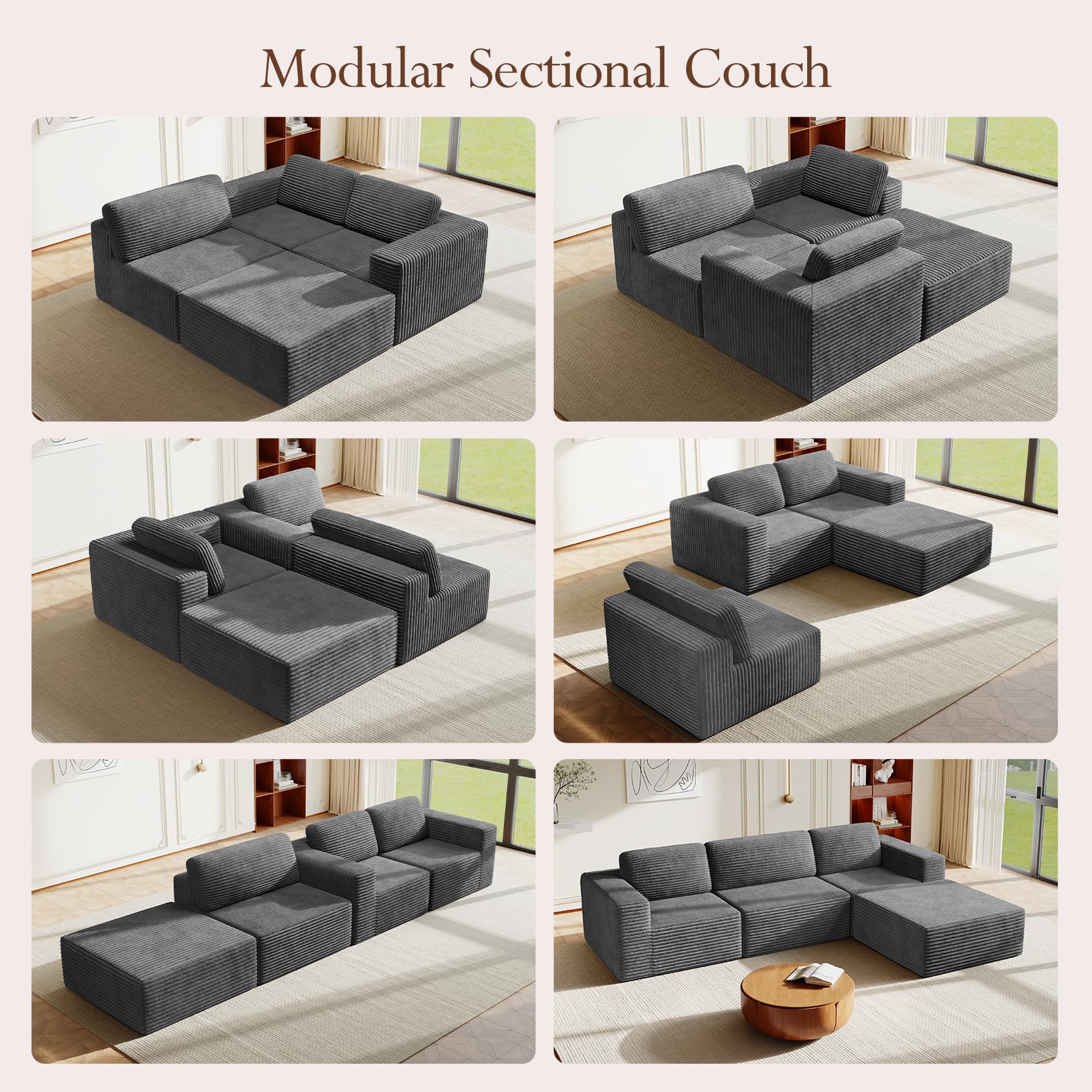 119" L-Shaped Modular Sectional Sofa, Corduroy Cloud Couch with Deep Seating & Spring Support, Flexible Layout Sofa with Ottoman, Boneless Style, No Assembly Required, Grey