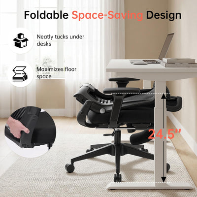 Foldable Office Chair with Foot Rest, Ergonomic Office Chair with Adjustable Lumbar Support, Headrest, Armrest, Home Office Desk Chairs for Space Saving, Work from Home, Black