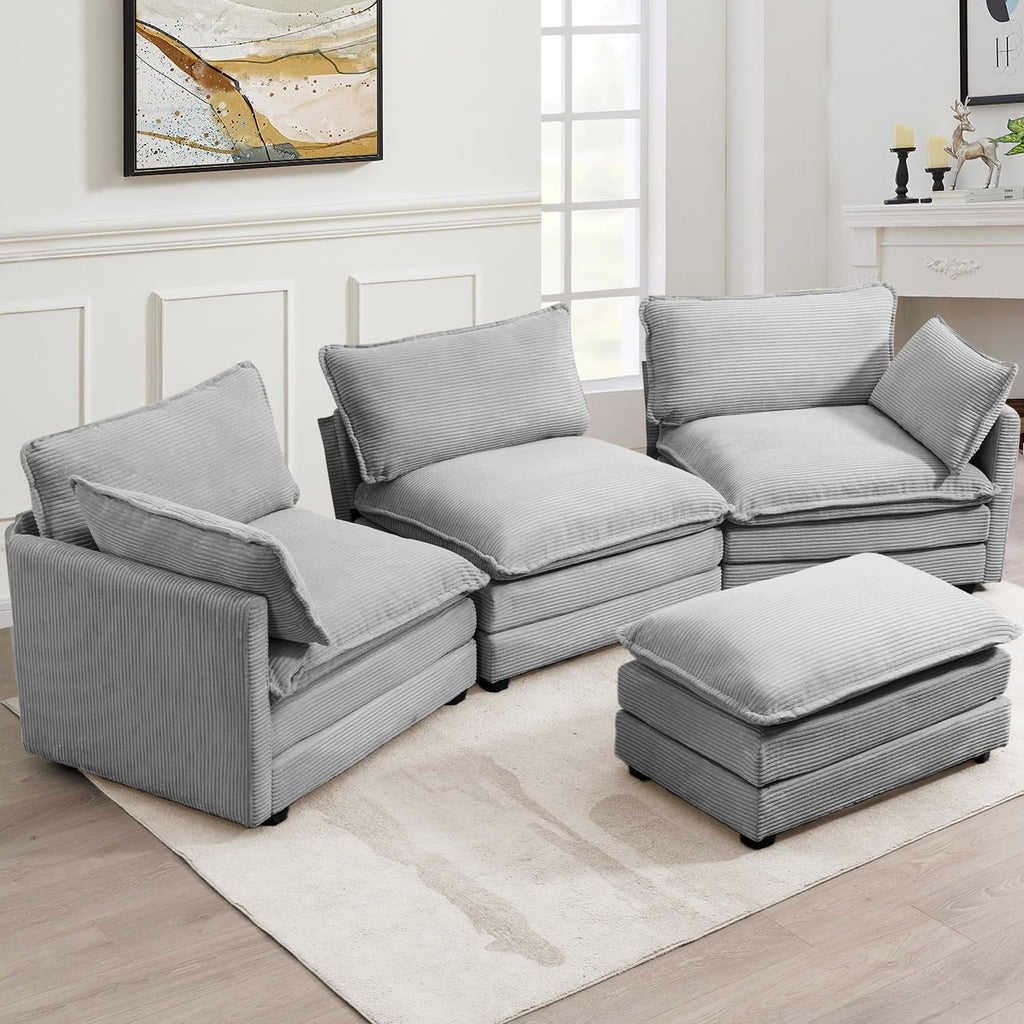Oversized Modular Sectional Sofa with Movable Ottoman, 112 Inch 4 Seat Modern Corduroy Sofa Set, Convertible L Shaped Couch for Living Room and Office, Light Grey