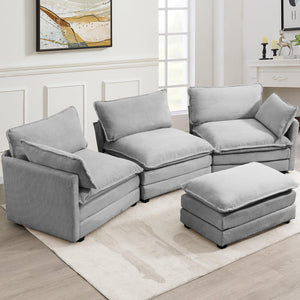 Oversized Modular Sectional Sofa with Movable Ottoman, 112 Inch 4 Seat Modern Corduroy Sofa Set, Convertible L Shaped Couch for Living Room and Office, Light Grey