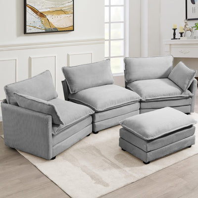 Oversized Modular Sectional Sofa with Movable Ottoman, 112 Inch 4 Seat Modern Corduroy Sofa Set, Convertible L Shaped Couch for Living Room and Office, Light Grey