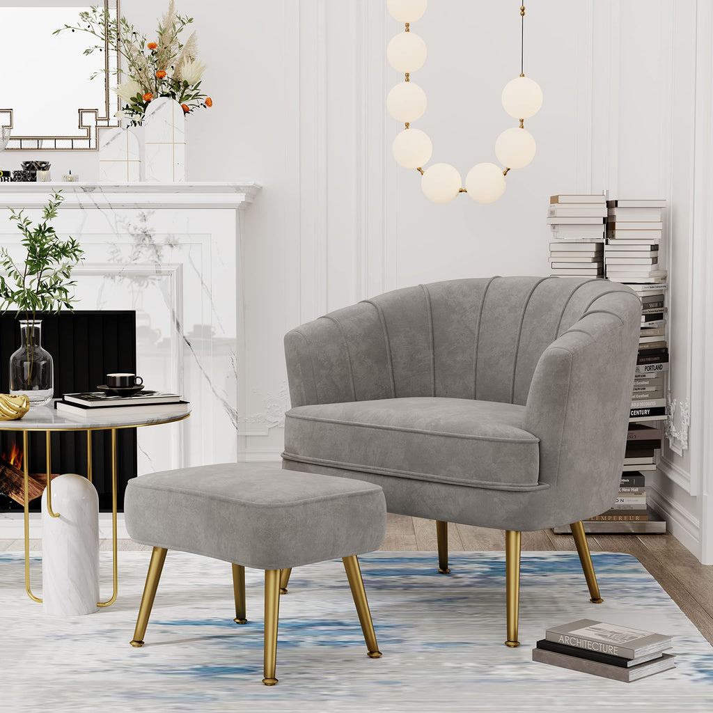 Velvet Accent Chair with Ottoman, Upholstered Modern Single Sofa Side Chair,Comfy Barrel Club Living Room Armchair with Golden Metal Legs for Bedroom Living Reading Room Office, Grey