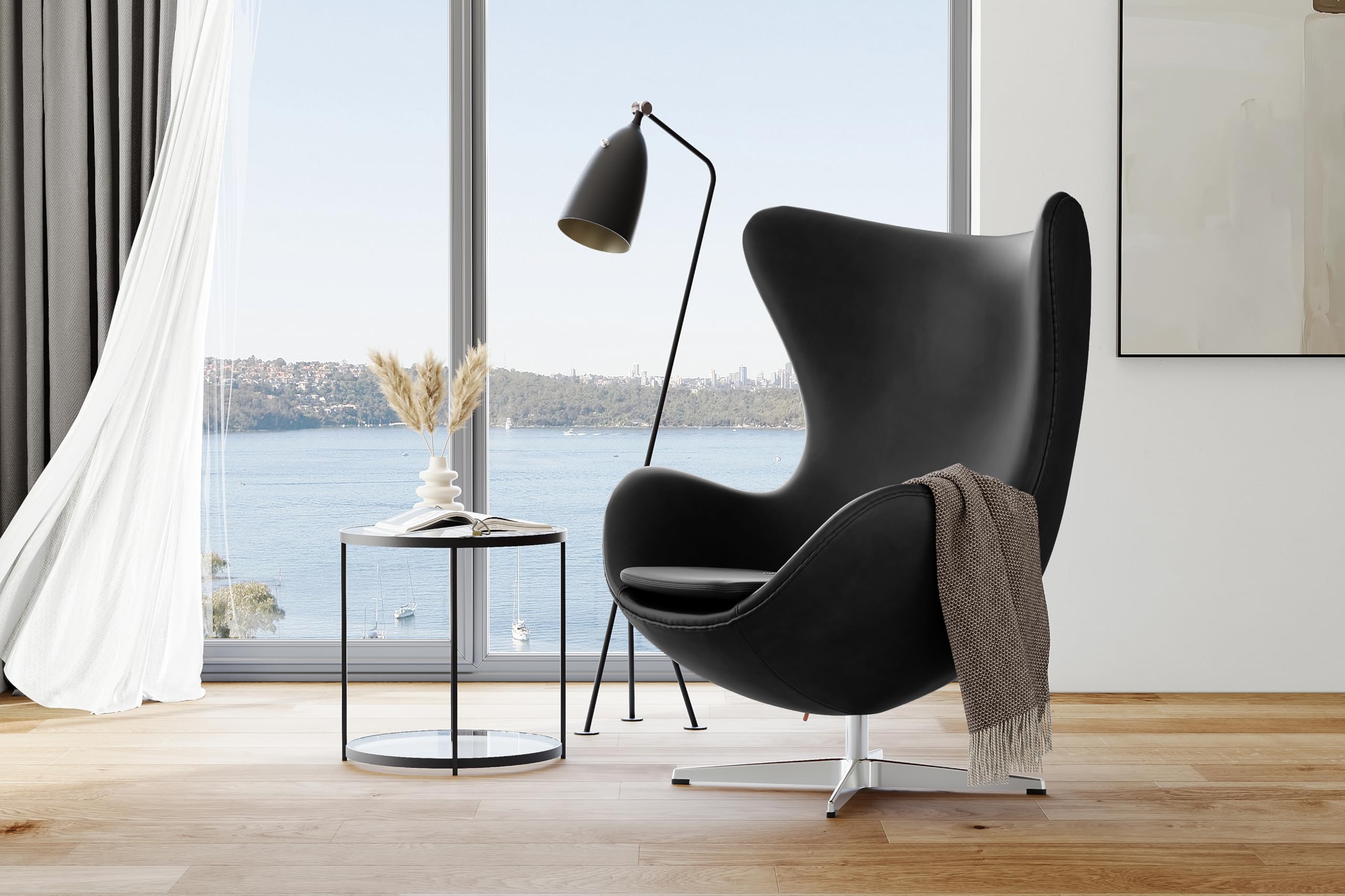 Swivel Armchair 35.4”, Italian Nappa 11000 Top Grain Leather, 360° Swivel, Mid-Century Modern Accent Chair for Living Room, Black