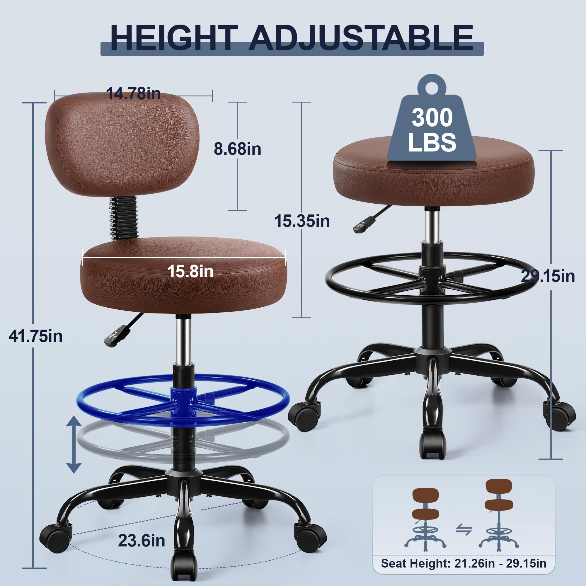 Drafting Chair with Backrest – Adjustable Foot Rest Rolling Stool with Wheels, PU Leather Swivel Stool for Office Spa Studio Lab Counter Salon Home Work Bar Kitchen Shop(Brown)