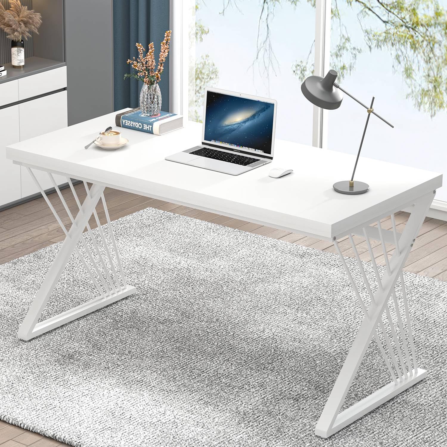 Modern White Desk, Rustic Wood and Metal Computer Desk for Home Office, Simple Writing Work PC Desks for Bedroom, Industrial Study Gaming Table for Living Room, White, 53 Inch