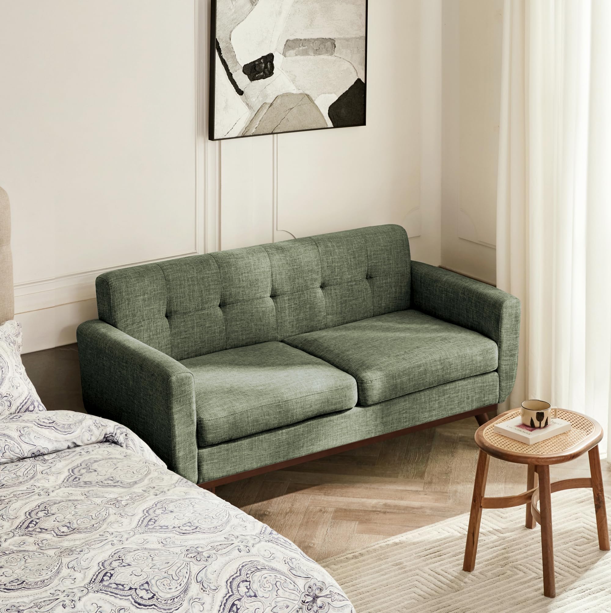 65.2" W Loveseat Sofa, Mid Century Modern Decor Love Seat Couches for Living Room, Button Tufted Upholstered Furniture, Solid & Easy to Install Small Couch for Bedroom Office Apartment, Green