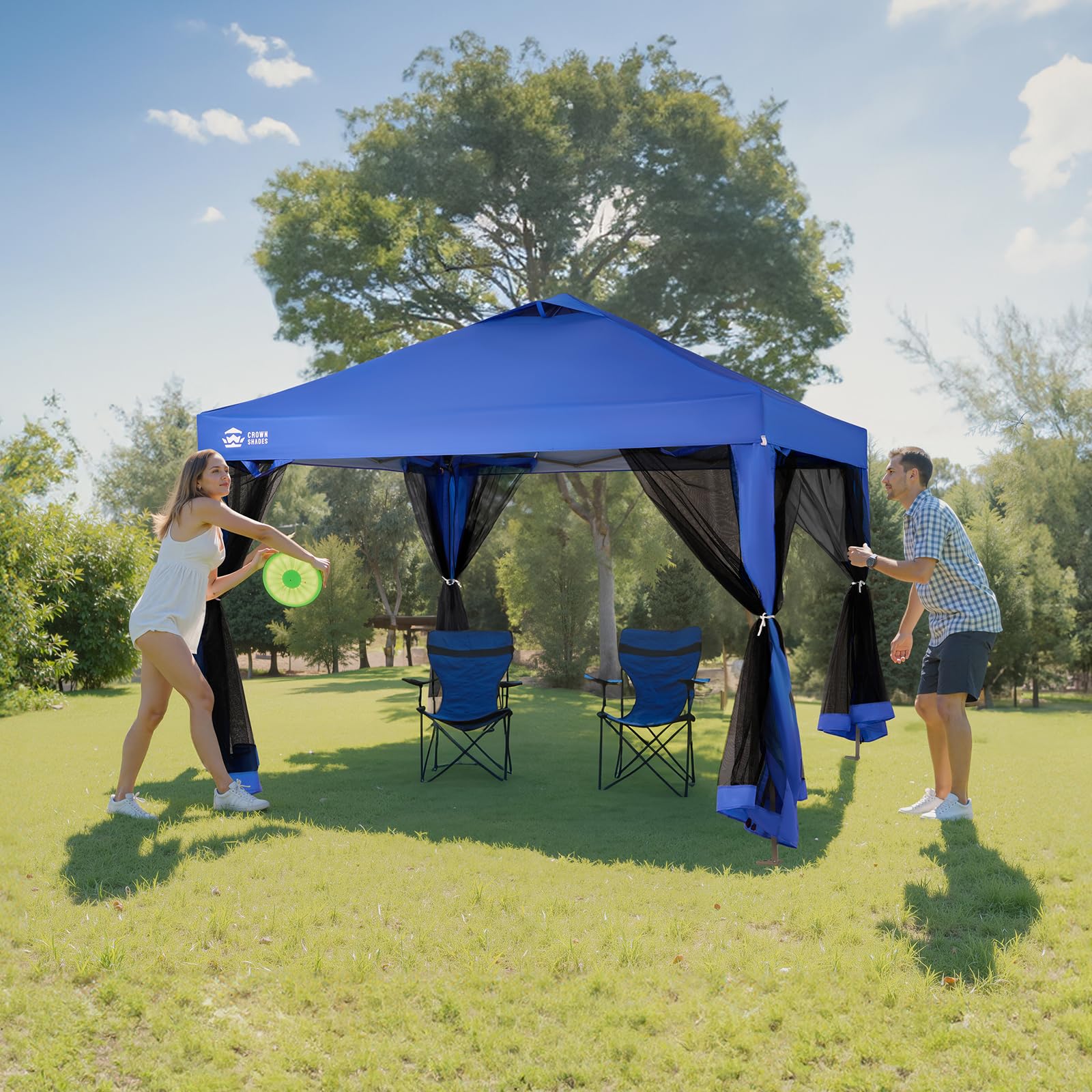 10x10 Pop Up Gazebo Canopy with Mosquito Netting, Instant Screen Tent with Wheeled Carry Bag & Sandbags,Easy Set Up Outdoor Canopy for Patio,Backyard,Camping & Events,Blue