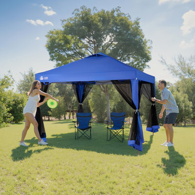 10x10 Pop Up Gazebo Canopy with Mosquito Netting, Instant Screen Tent with Wheeled Carry Bag & Sandbags,Easy Set Up Outdoor Canopy for Patio,Backyard,Camping & Events,Blue