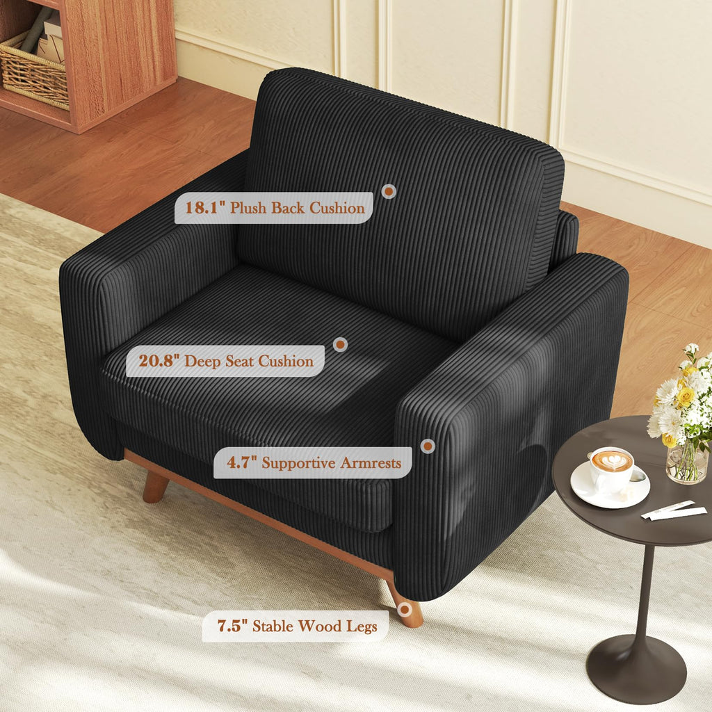38.5" Accent Chair Black, Comfy Corduroy Single Sofa Seat with Spring Cushion, Upholstered Armchair with Deep Seat, Reading Chair for Adults, Modern Sofa for Living Room, Bedroom