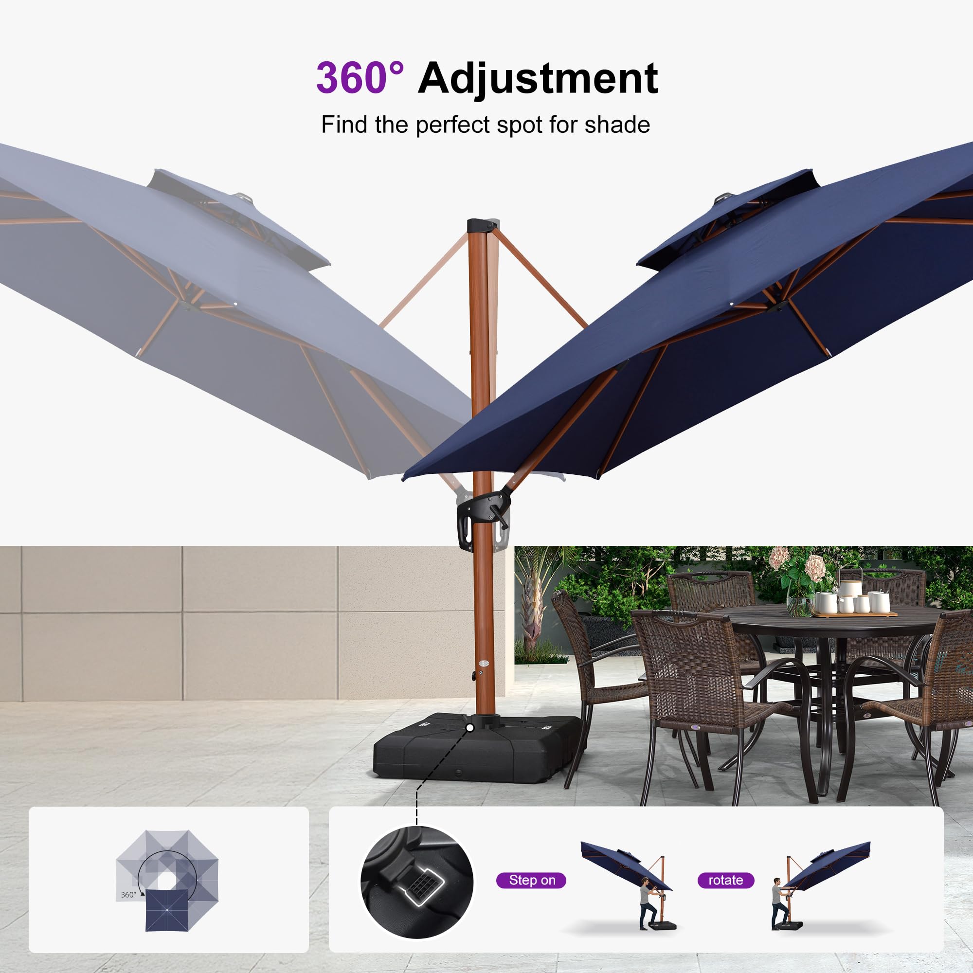 10ft Patio Umbrella Outdoor Square Umbrellas Large Cantilever Umbrella Windproof Offset Umbrellas Heavy Duty Sun Umbrella for Garden Deck Pool Patio, Navy Blue