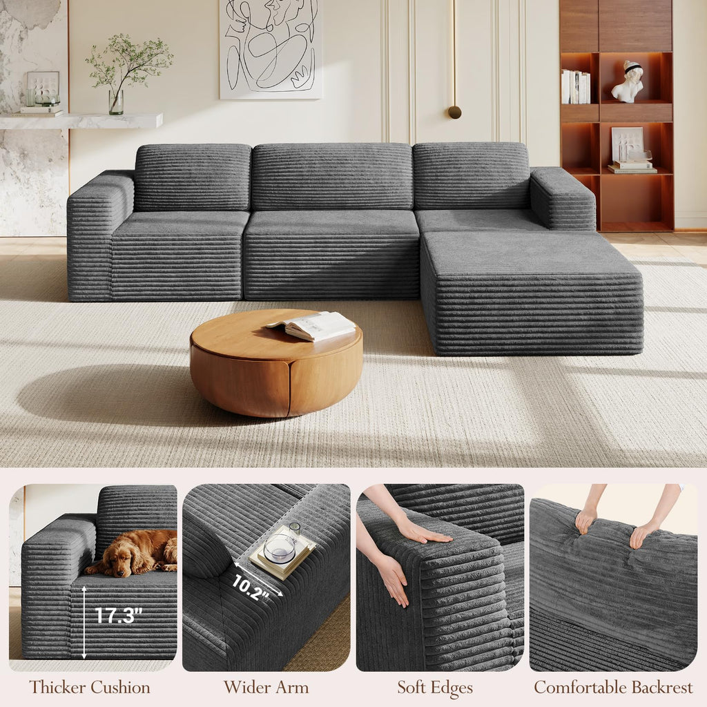 119" L-Shaped Modular Sectional Sofa, Corduroy Cloud Couch with Deep Seating & Spring Support, Flexible Layout Sofa with Ottoman, Boneless Style, No Assembly Required, Grey