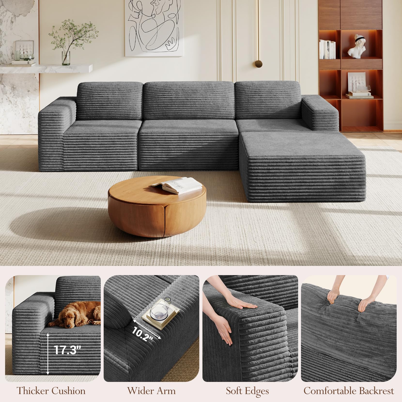 119" L-Shaped Modular Sectional Sofa, Corduroy Cloud Couch with Deep Seating & Spring Support, Flexible Layout Sofa with Ottoman, Boneless Style, No Assembly Required, Grey