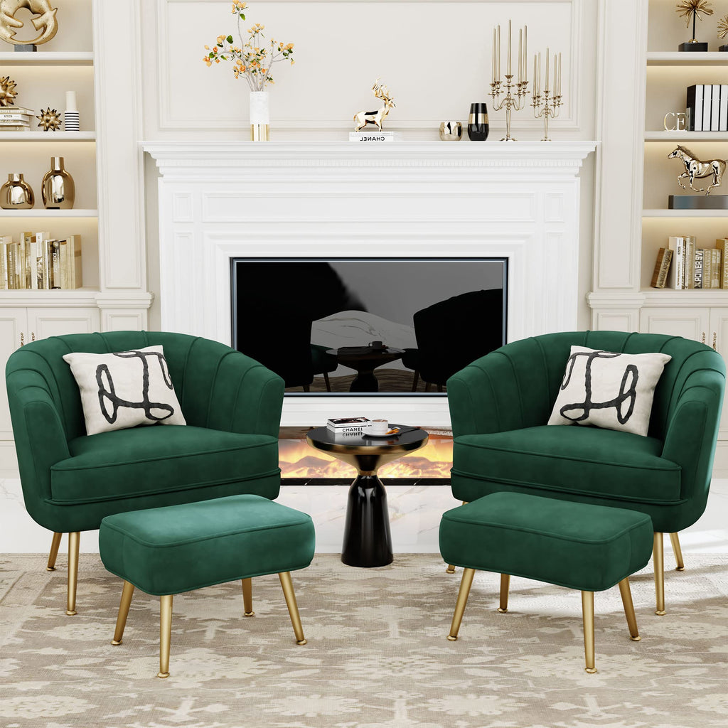 Velvet Accent Chair with Ottoman, Upholstered Modern Single Sofa Side Chair,Comfy Barrel Club Living Room Armchair with Golden Metal Legs for Bedroom Living Reading Room Office, Green
