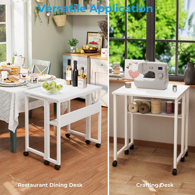 Folding Desk with Wheels, 24.8 Inch Compact Rolling Computer Table with Storage Shelf, Portable Mobile Workstation for Small Spaces, Easy Assembly, Pure White