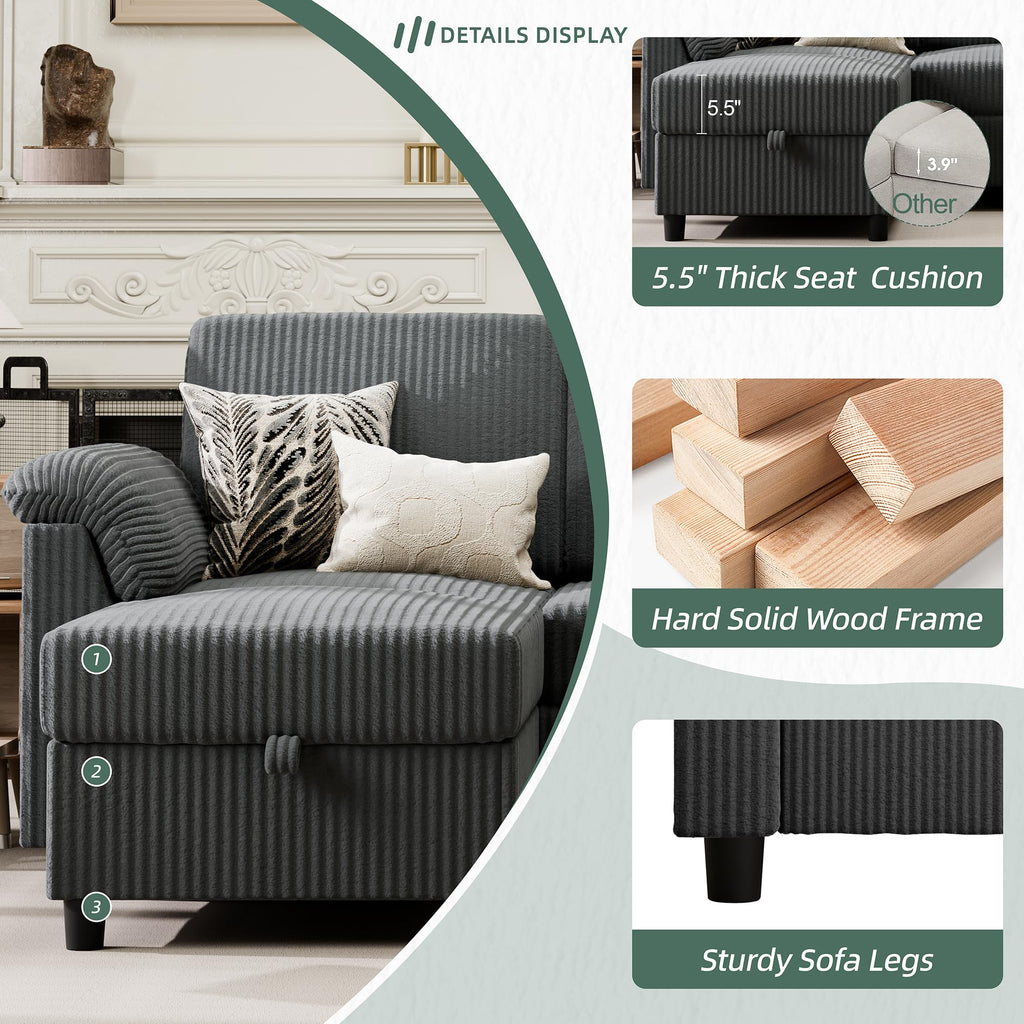 Convertible Sectional Sofa Couch, 3 Seat L Shaped Sofa with Removable Pillows Soft Corduroy Fabric Small Couch Mid Century for Living Room, Apartment and Office, Dark Grey