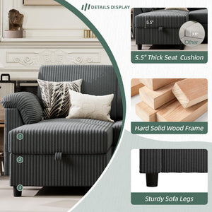 Convertible Sectional Sofa Couch, 3 Seat L Shaped Sofa with Removable Pillows Soft Corduroy Fabric Small Couch Mid Century for Living Room, Apartment and Office, Dark Grey