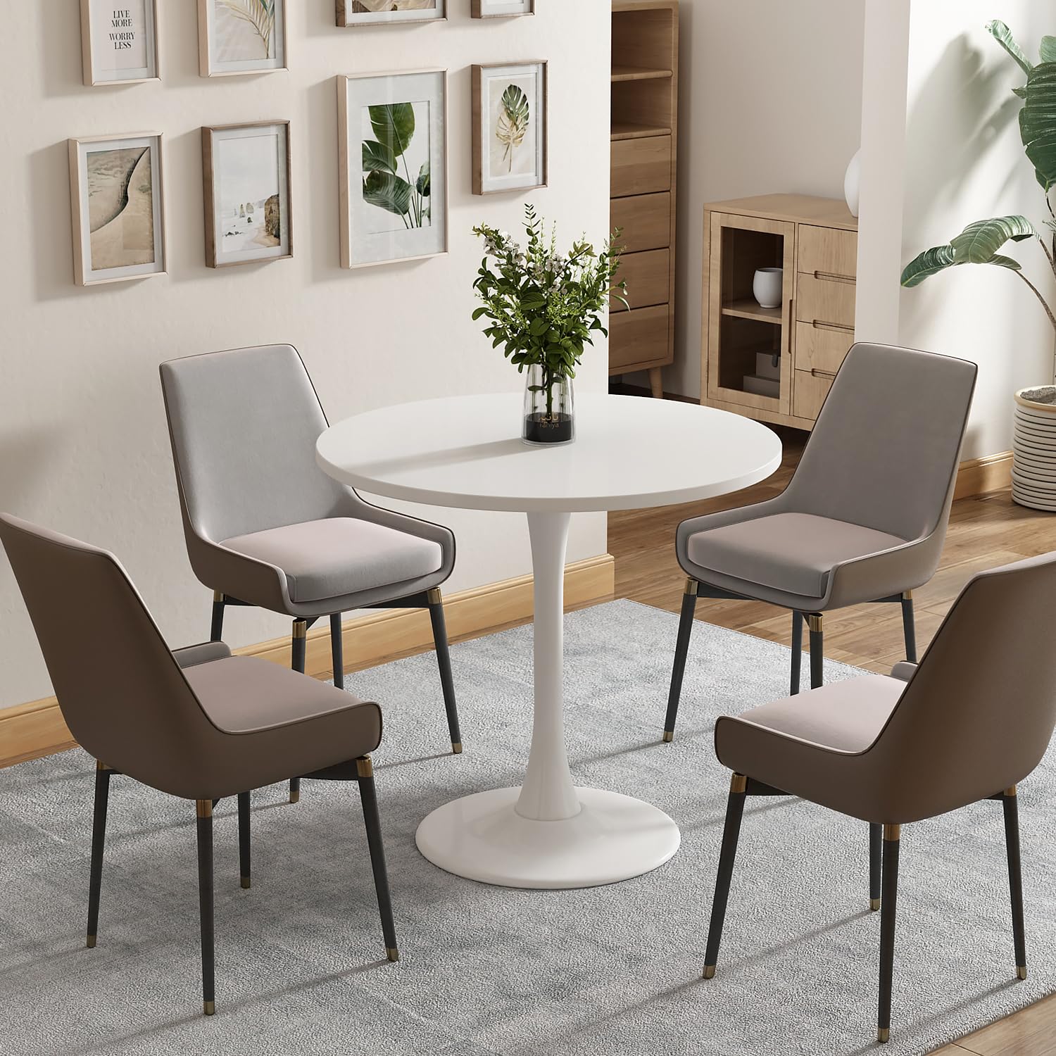 Round Dining Table 24" Circle Tulip Table with Wood Thickened Tabletop & Sturdy Metal Pedestal Mid Century Modern Leisure Bistro Kitchen Tables 2 People Small Places Living Room Cafe,White