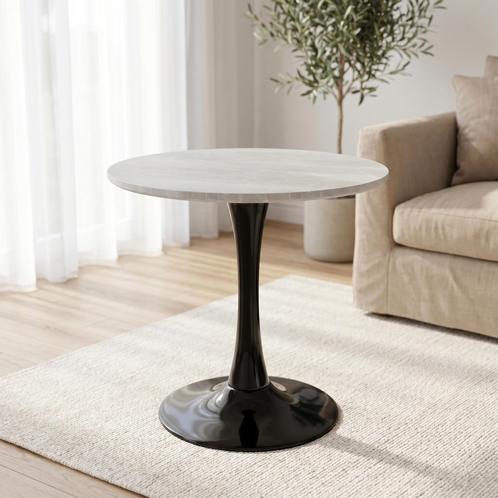 27.6" Marble Round Tulip Table, Mid-Century Modern Style Dining Table with Black Pedestal Base for 2-4 People, Featuring A Marble Tabletop for Kitchen, Dining Room, Cafe (Grayish White)